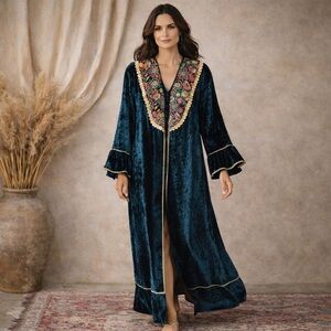 EMERALD GREEN BLUE EMBROIDERED CRUSHED VELVET LONG DUSTER KIMONO BELL SLEEVES L